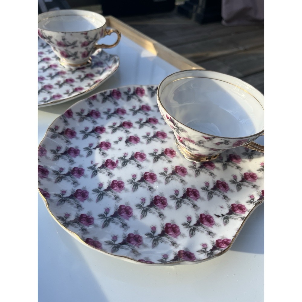 2 Sets Of China Hand Painted Chintz Rose Tea cup And Snack Plate Cottage Core